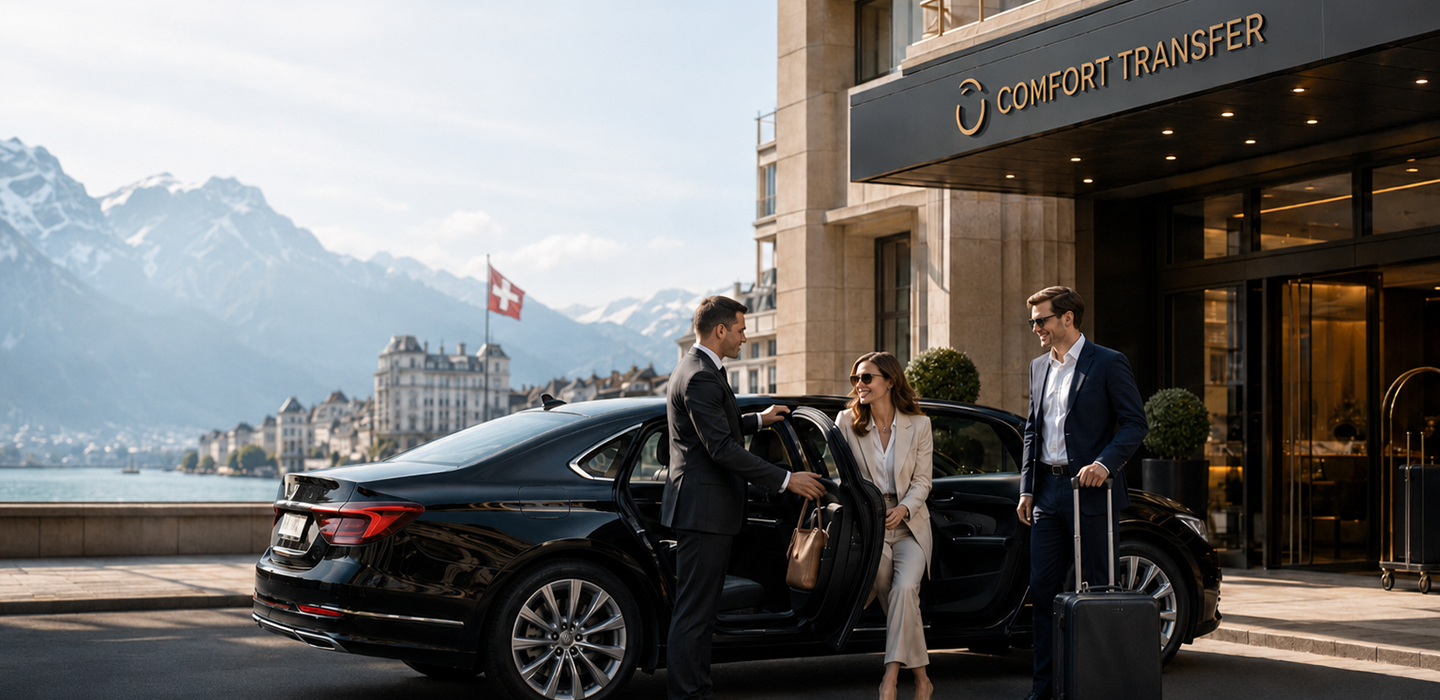 Comfort Transfer chauffeur welcoming passengers outside a Swiss hotel